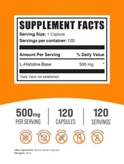 Close-up of L-Histidine capsules showing 500 mg per capsule