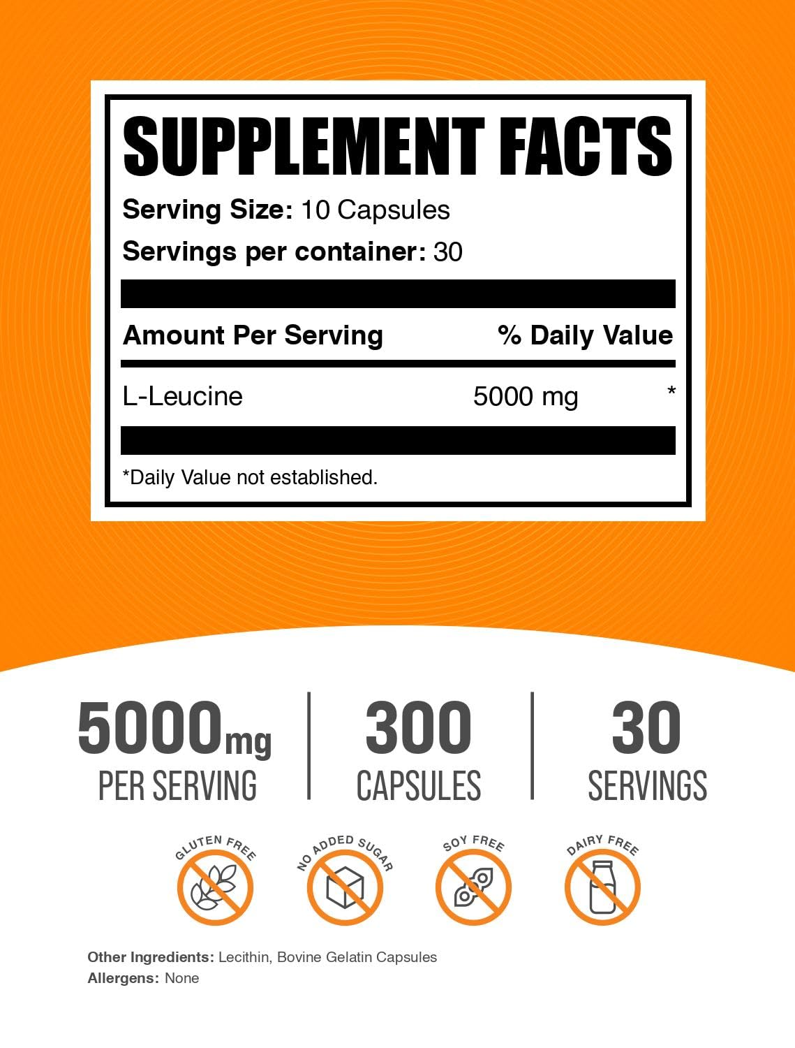 Gluten-free L-Leucine capsules, 300-count bottle