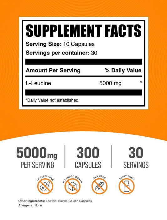 Gluten-free L-Leucine capsules, 300-count bottle