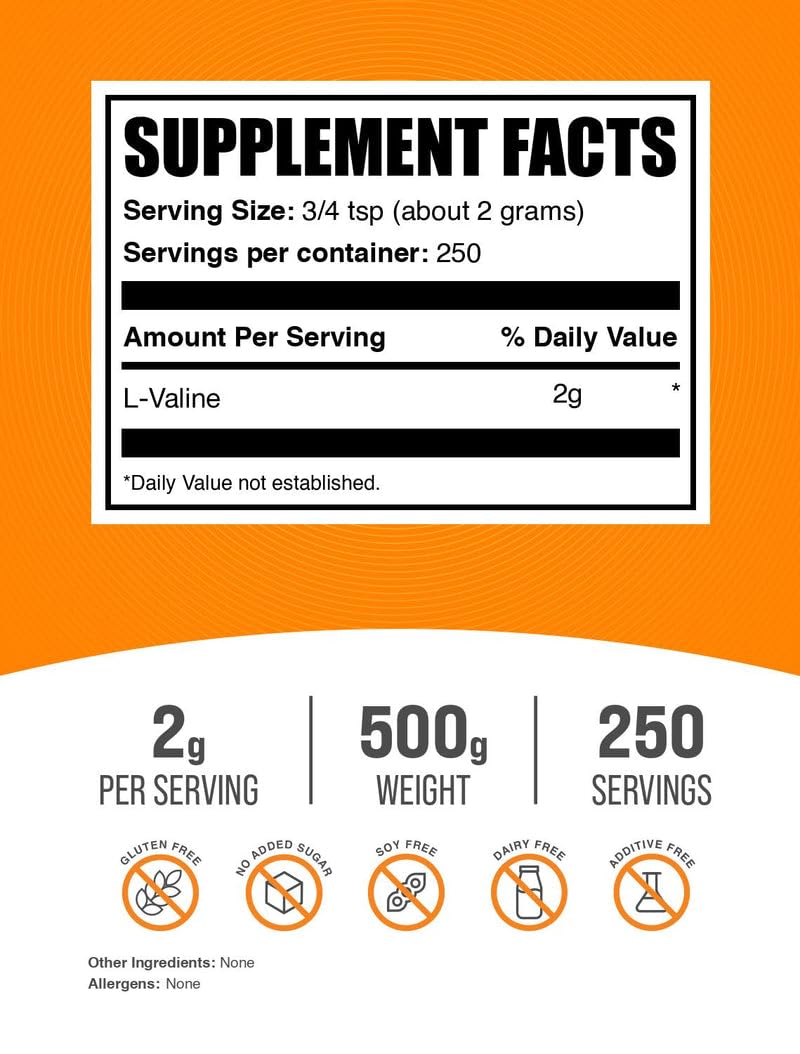 Unflavored L-Valine powder in 500g container