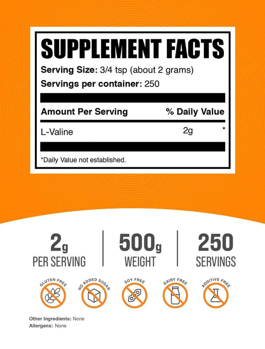 Unflavored L-Valine powder in 500g container