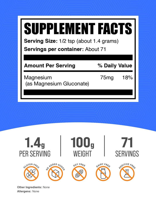 Magnesium Gluconate Powder 100 g pack label with product name and nutrition