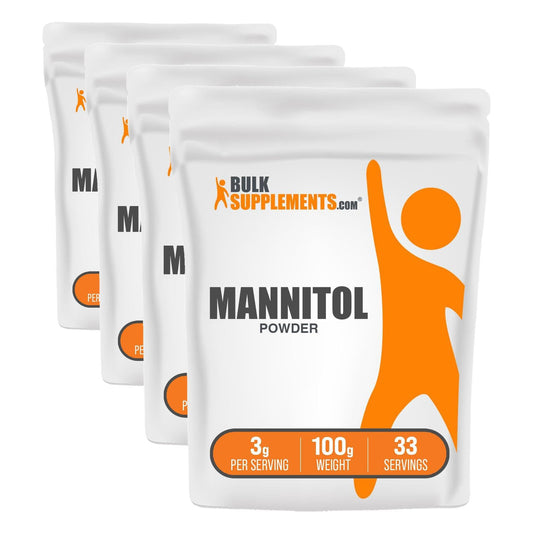 Product shot of BulkSupplements Mannitol Powder – 100g per unit in a four-pack