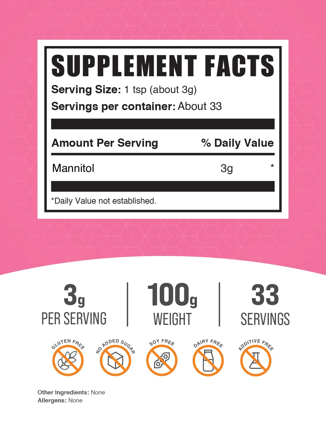 Close-up of Mannitol powder in 100g containers for four-pack