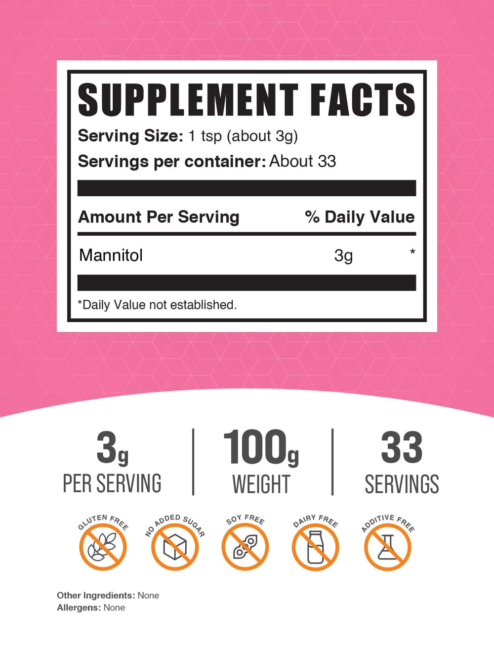 Close-up of Mannitol powder in 100g containers for four-pack