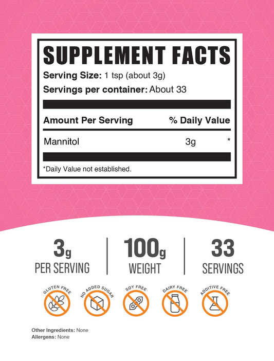 Close-up of Mannitol powder in 100g containers for four-pack