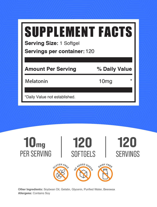 Melatonin 10 mg Softgels bottle with label