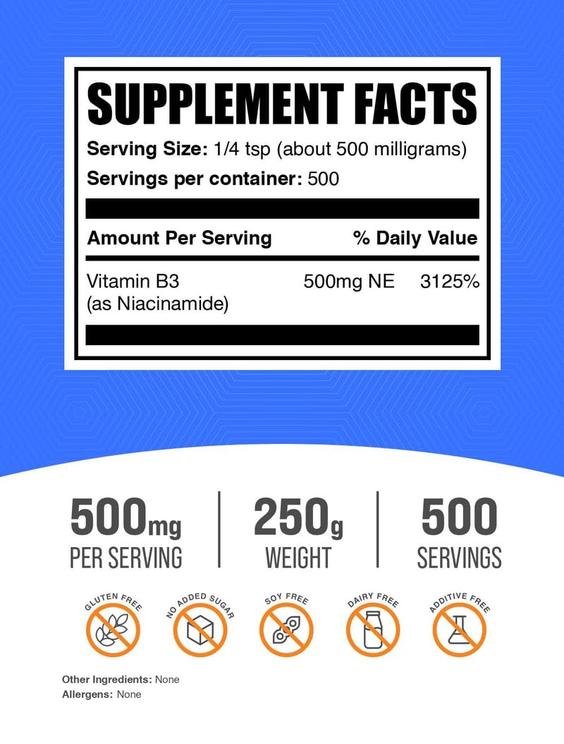 BulkSupplements Niacinamide powder 500mg, 250g packaging