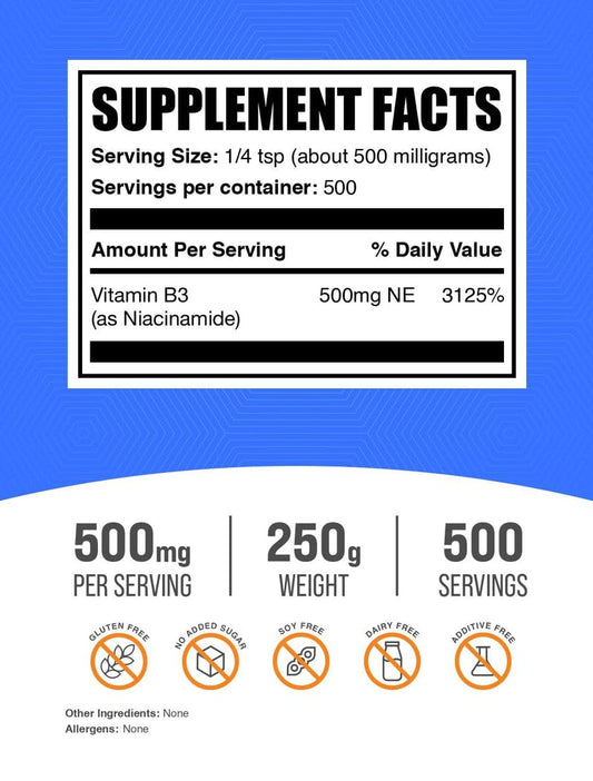 BulkSupplements Niacinamide powder 500mg, 250g packaging