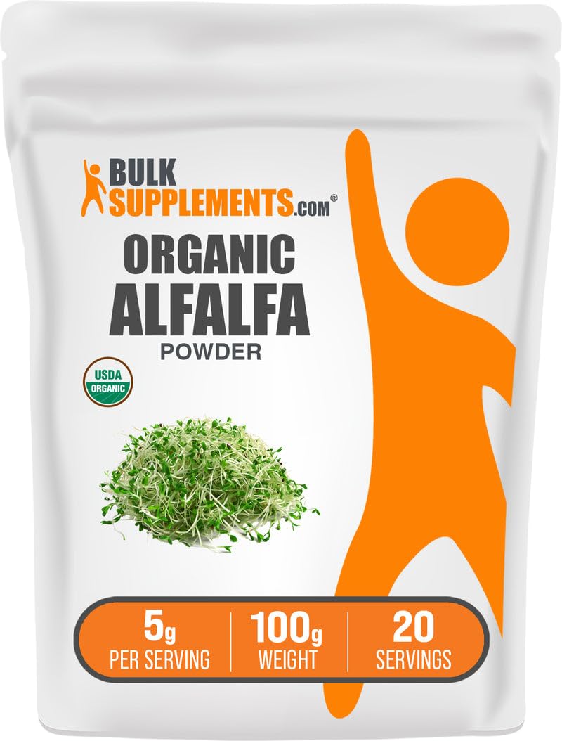 Front view of Organic Alfalfa Grass Powder 100g pack