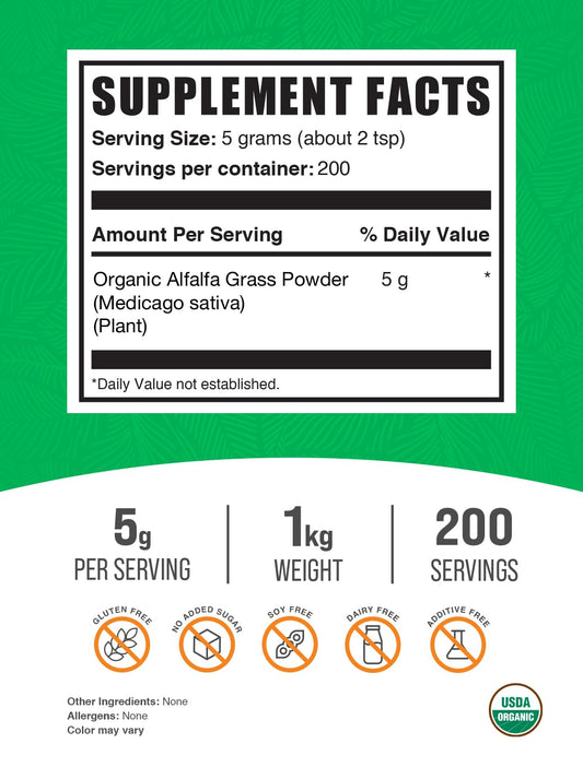 BulkSupplements Organic Alfalfa Grass Powder 1kg bottle and label