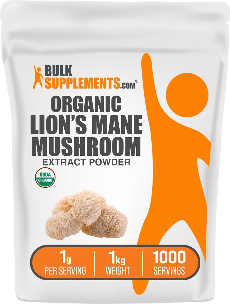 BulkSupplements Organic Lion's Mane Mushroom Extract Powder container and label