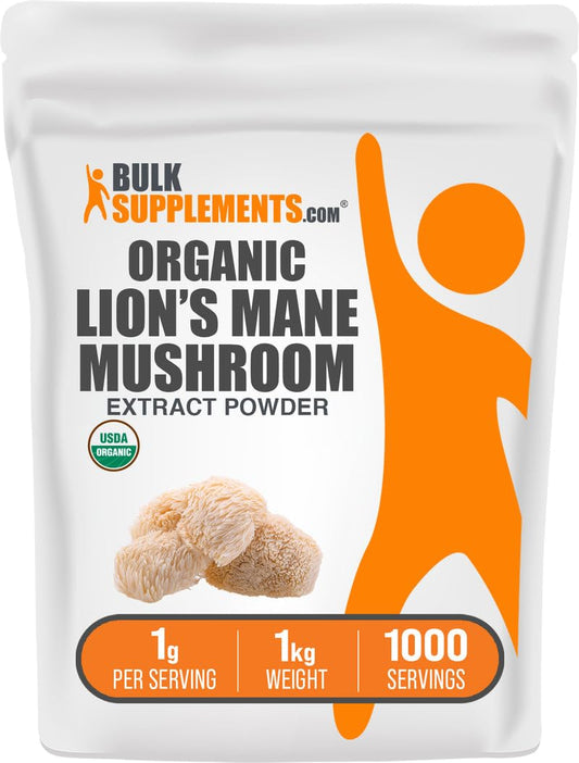 BulkSupplements Organic Lion's Mane Mushroom Extract Powder container and label