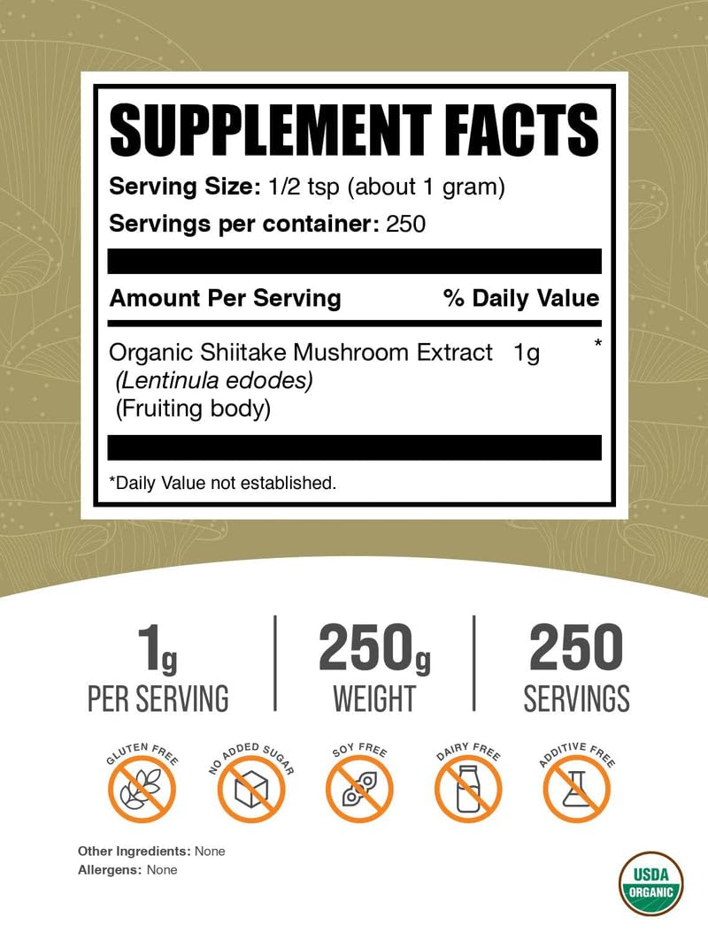 Vegan and gluten-free product label for Shiitake powder
