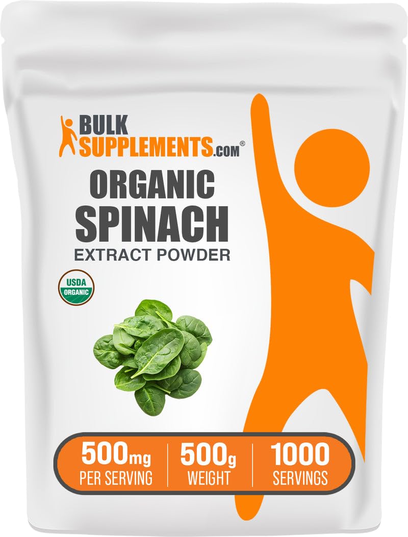 Bottle of BulkSupplements Organic Spinach Extract Powder – gluten-free, 500mg per serving, 500g