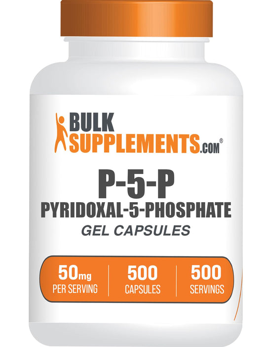 Front view of Pyridoxal 5 Phosphate capsules bottle, 50 mg per capsule, 500-count pack