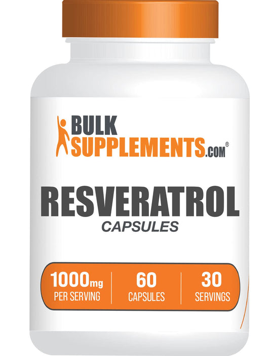 Bottle of BulkSupplements Resveratrol 1000mg capsules – 60 count