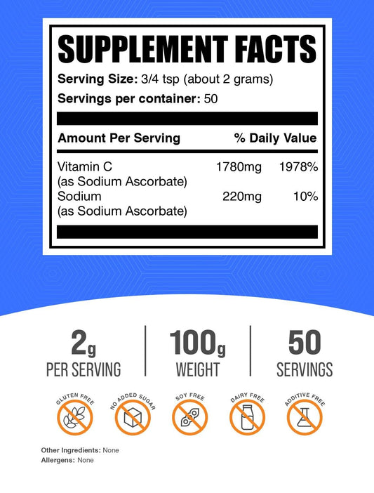 Close-up of BulkSupplements Sodium Ascorbate powder container label