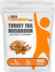 BulkSupplements Turkey Tail Mushroom Extract Powder in 1kg packaging with 1g serving size
