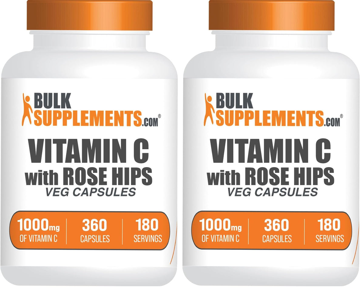 Bottle of Vitamin C 1000mg with Rose Hips capsules for immune support
