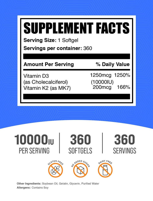 Close-up of Vitamin D3 + K2 softgels