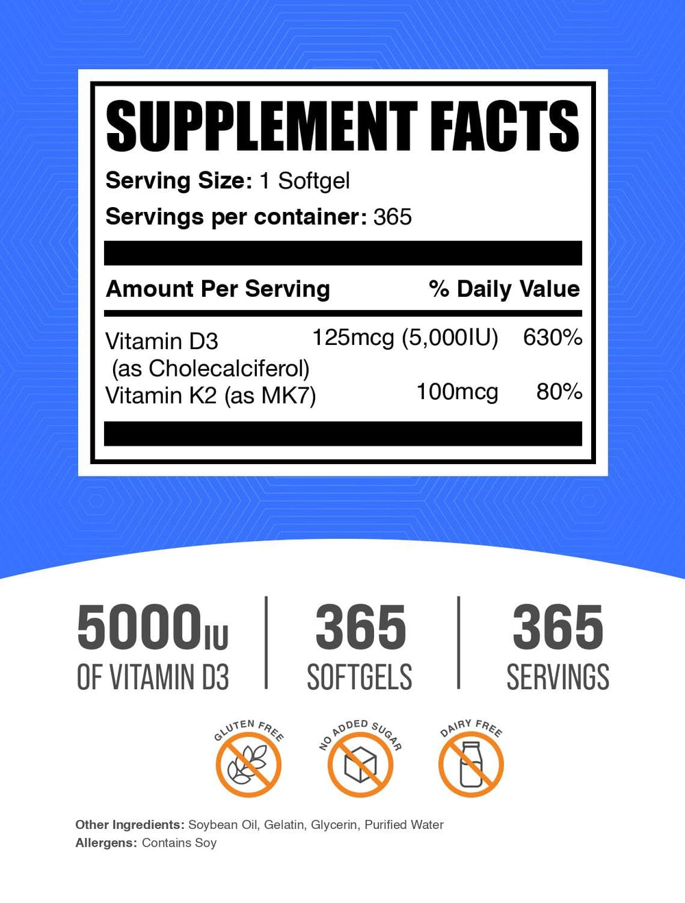Close-up of Vitamin D3 + K2 5000 IU softgels capsules