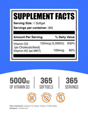 Close-up of Vitamin D3 + K2 5000 IU softgels capsules