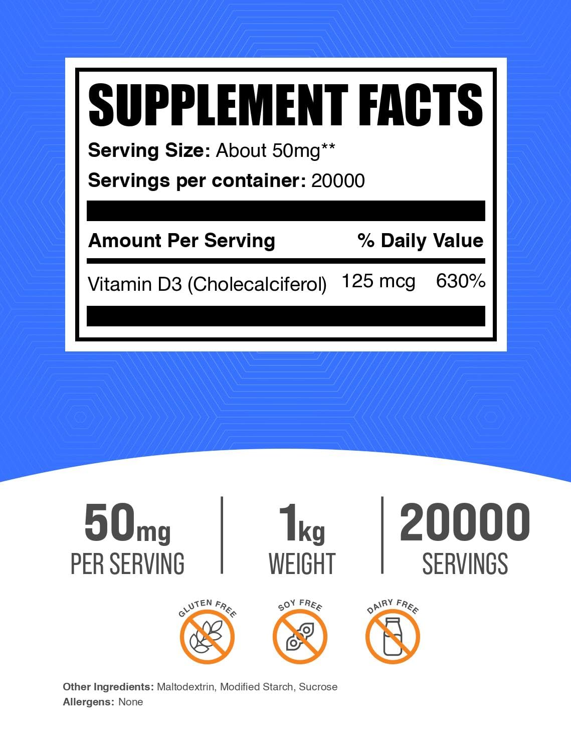 1kg BulkSupplements Vitamin D3 powder with scoop for customizable supplementation.
