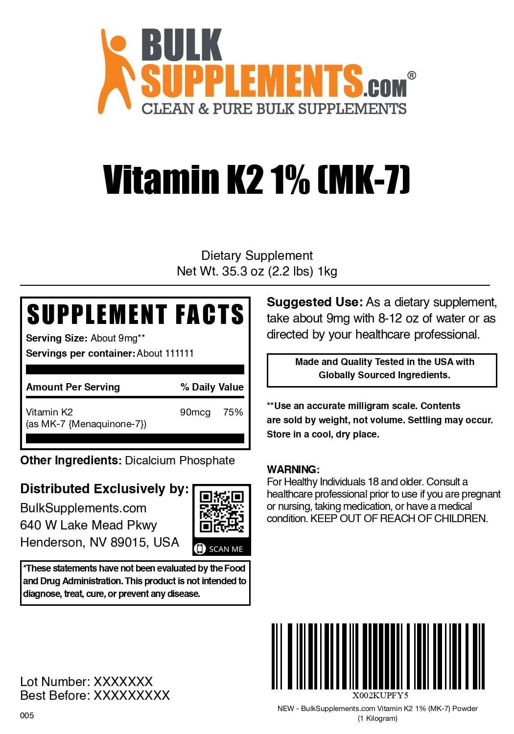 Dosing guidance for Vitamin K2 MK-7 powder