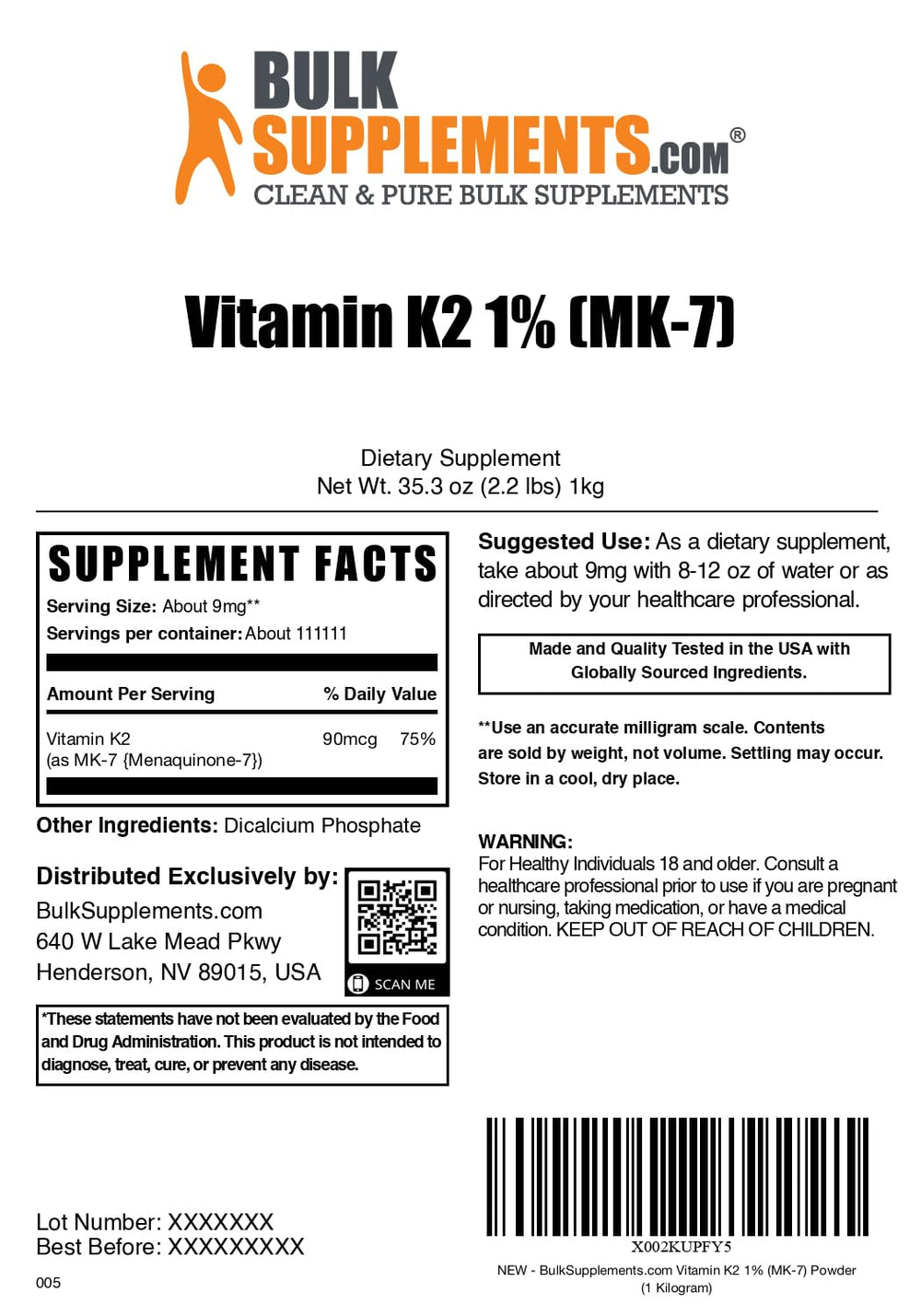 Dosing guidance for Vitamin K2 MK-7 powder