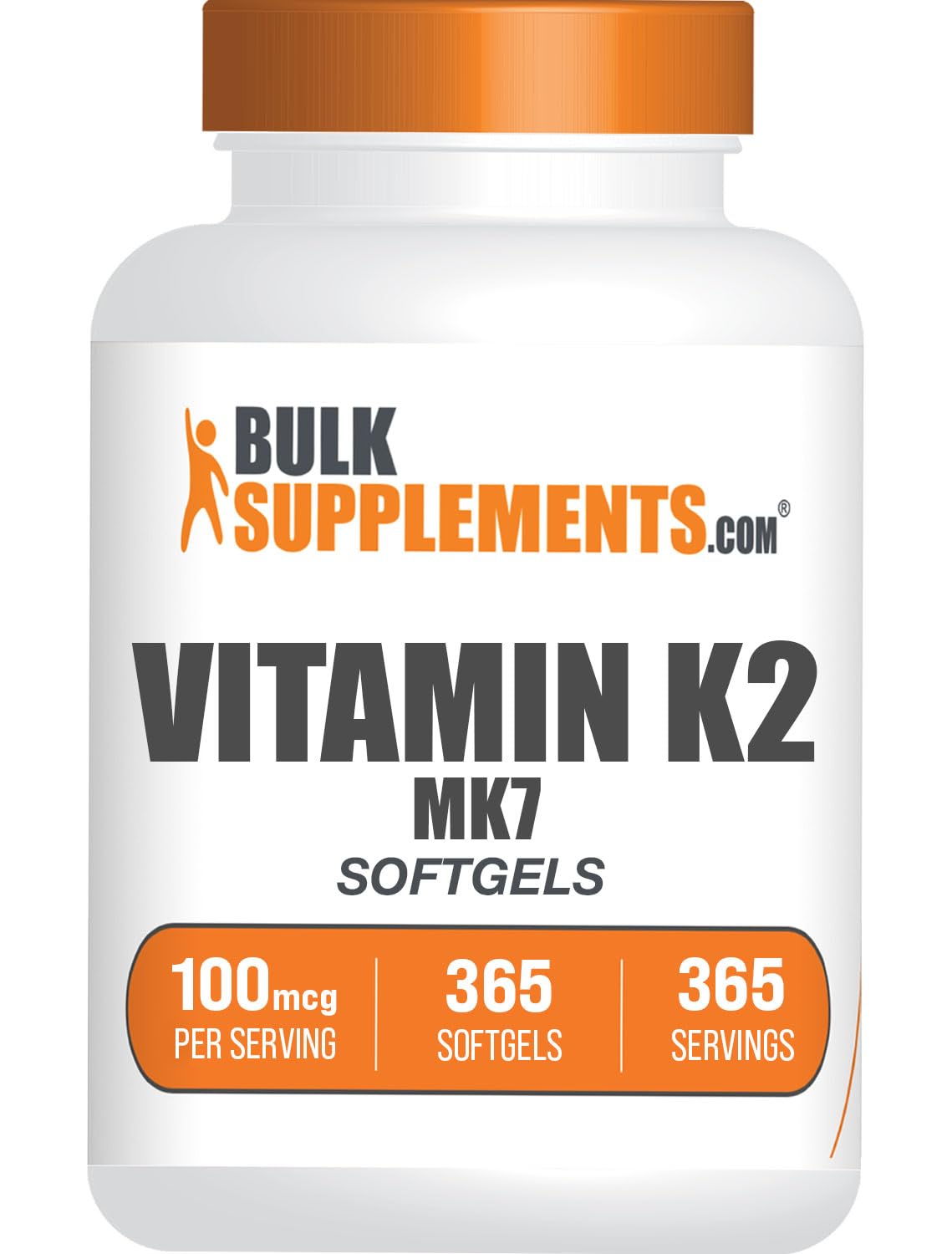 Bottle of BulkSupplements Vitamin K2 MK7 softgels on a white background