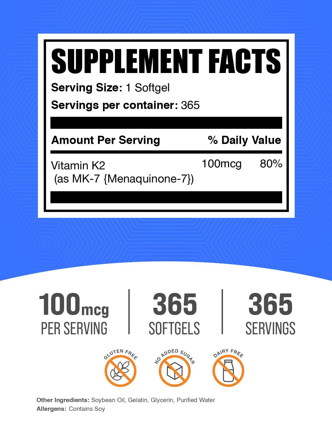 Close-up of Vitamin K2 MK7 softgels bottle label