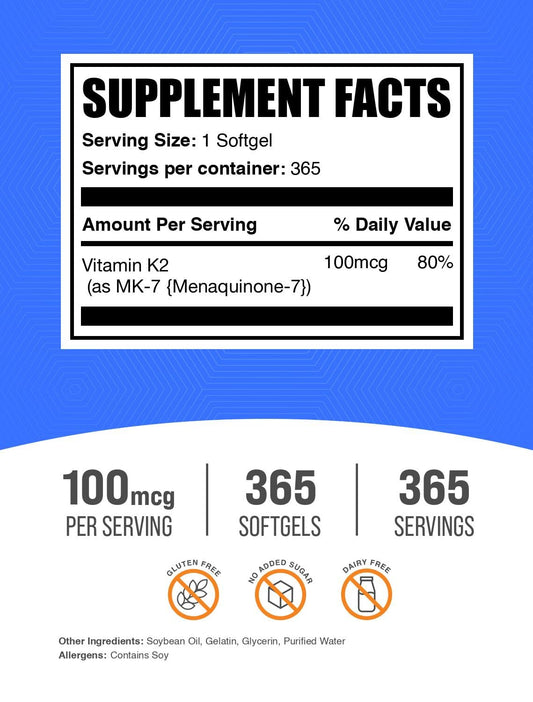 Close-up of Vitamin K2 MK7 softgels bottle label