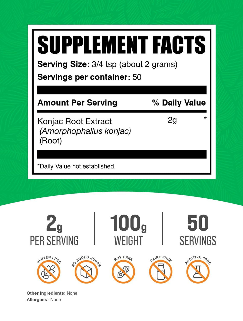 Front packaging of BulkSupplements Glucomannan Powder Konjac Root Extract 100g