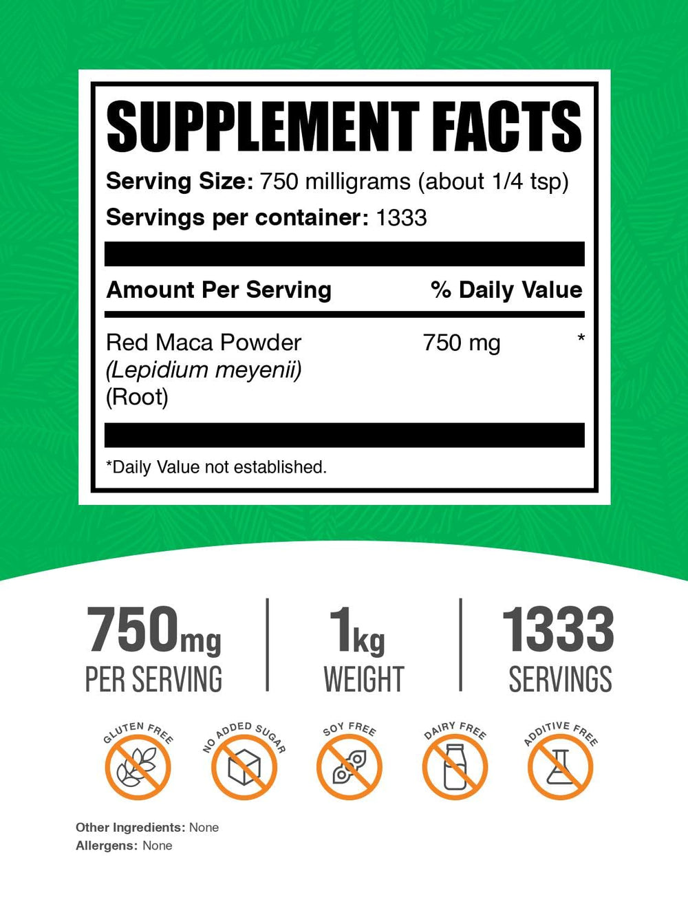 BulkSupplements Red Maca Powder 1kg package – back view with nutrition facts