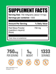 BulkSupplements Red Maca Powder 1kg package – back view with nutrition facts