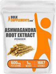 BulkSupplements Ashwagandha Root Extract Powder jar showing daily balance support for vegan wellness