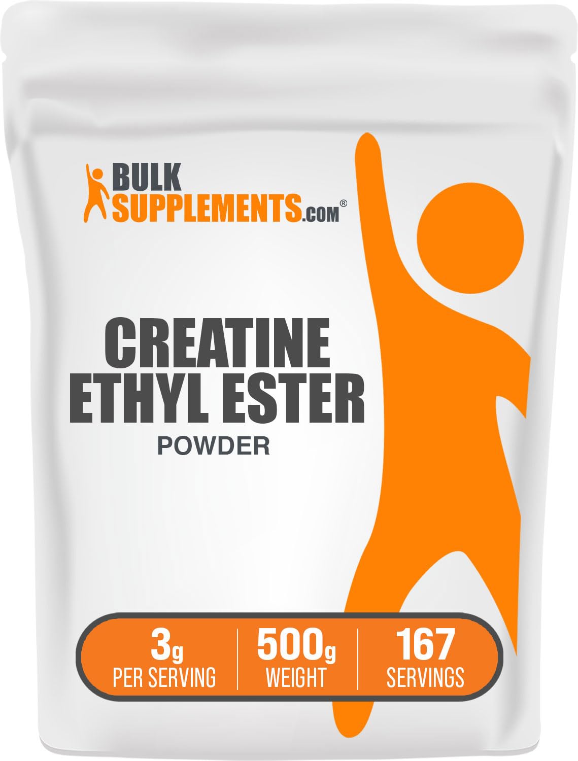 BulkSupplements Creatine Ethyl Ester HCl powder being poured for high-intensity training sessions.