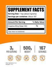 BulkSupplements Creatine Ethyl Ester HCl powder with a scoop for precise daily dosing.