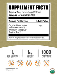 BulkSupplements Lions Mane powder with a scoop highlights versatile mixing into smoothies.