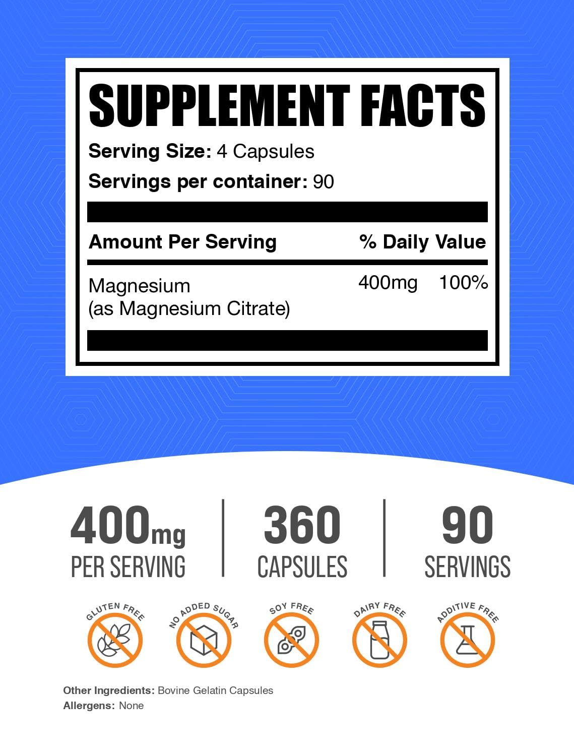 BulkSupplements magnesium citrate 400mg serving capsules, easy daily nutrition