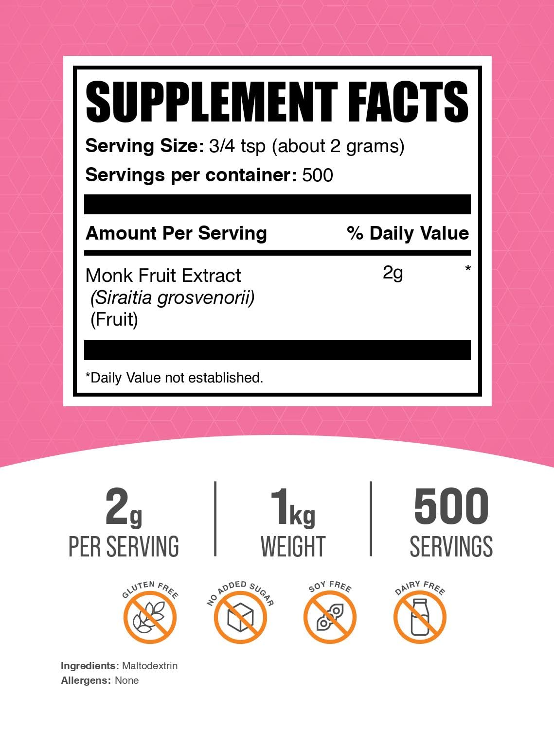 Monk Fruit Extract Powder 1kg packaging from BulkSupplements