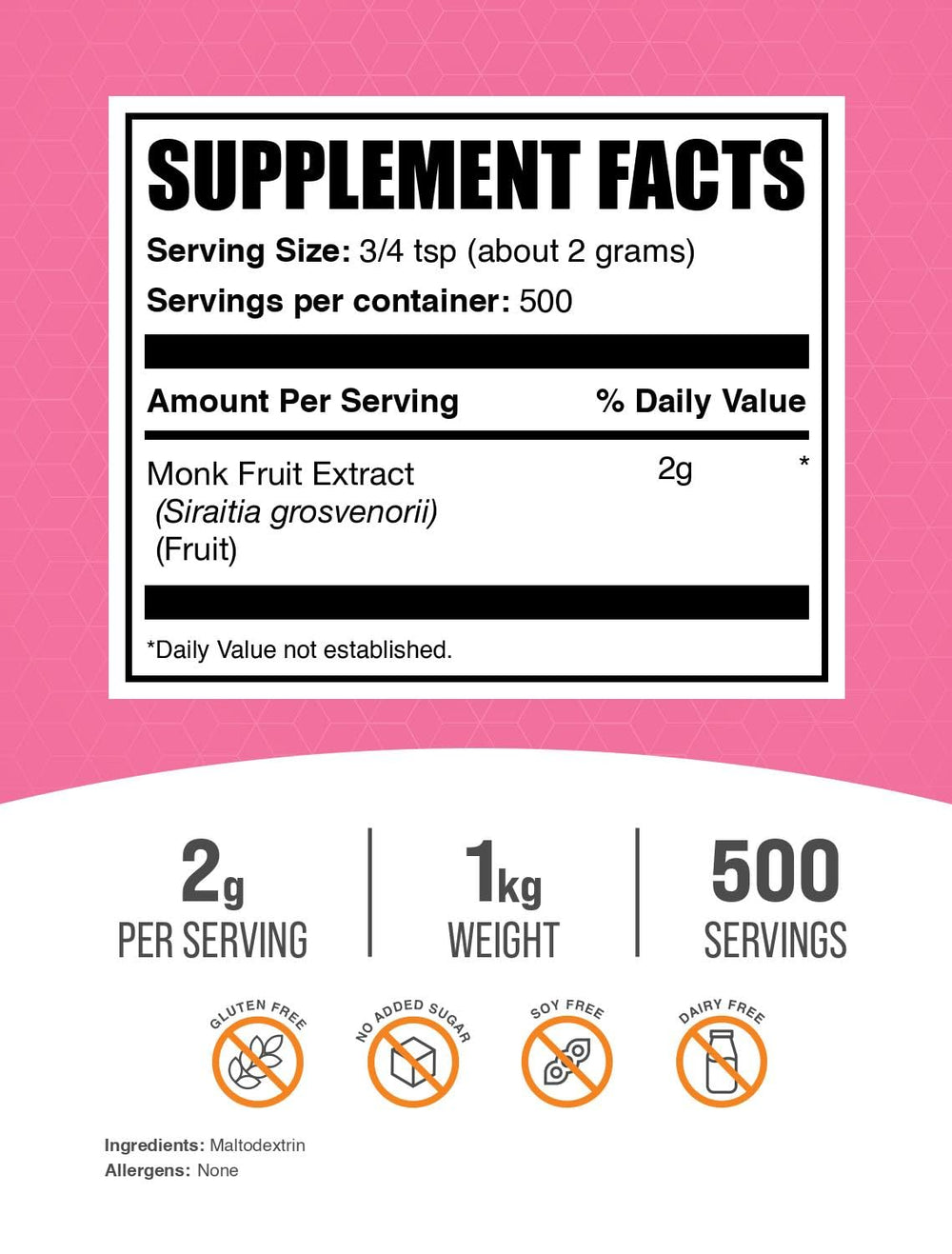Monk Fruit Extract Powder 1kg packaging from BulkSupplements