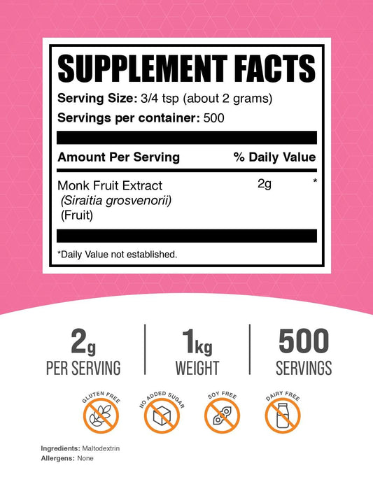 Monk Fruit Extract Powder 1kg packaging from BulkSupplements