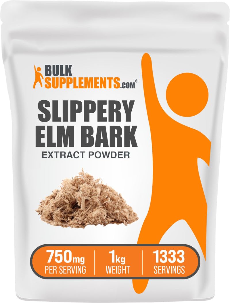 BulkSupplements slippery elm bark extract powder bottle labeled for daily wellness support.