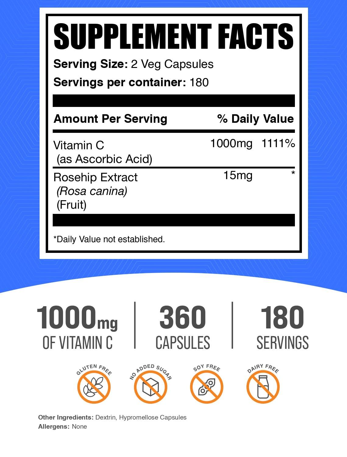 BulkSupplements Vitamin C with Rose HIPS capsule close-up emphasizing easy-to-swallow capsules