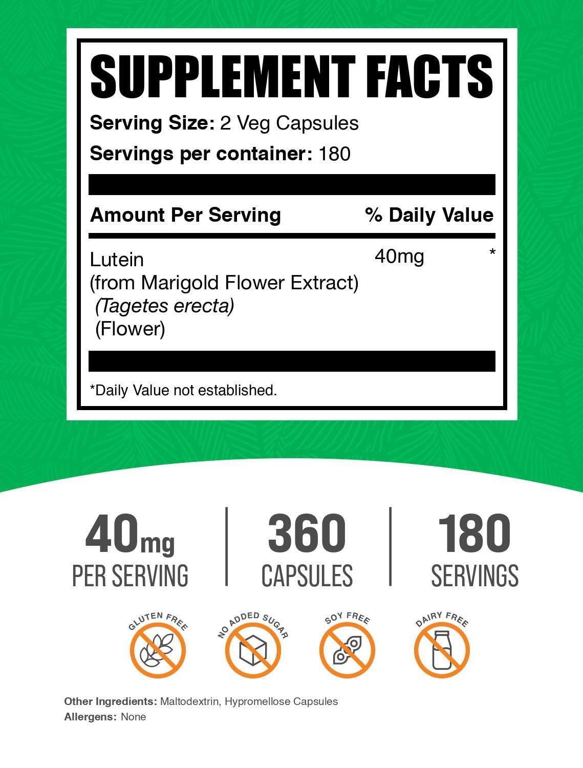 Lutein capsules showing 2 capsules per serving