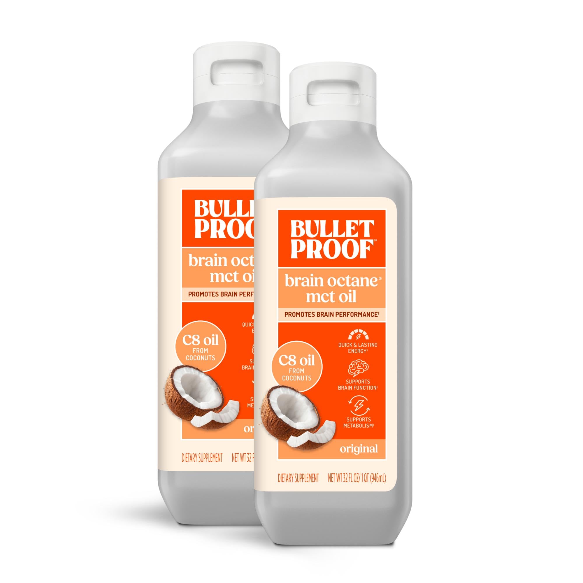 Two 16-ounce Bulletproof Brain Octane C8 MCT Oil bottles (pack of 2)