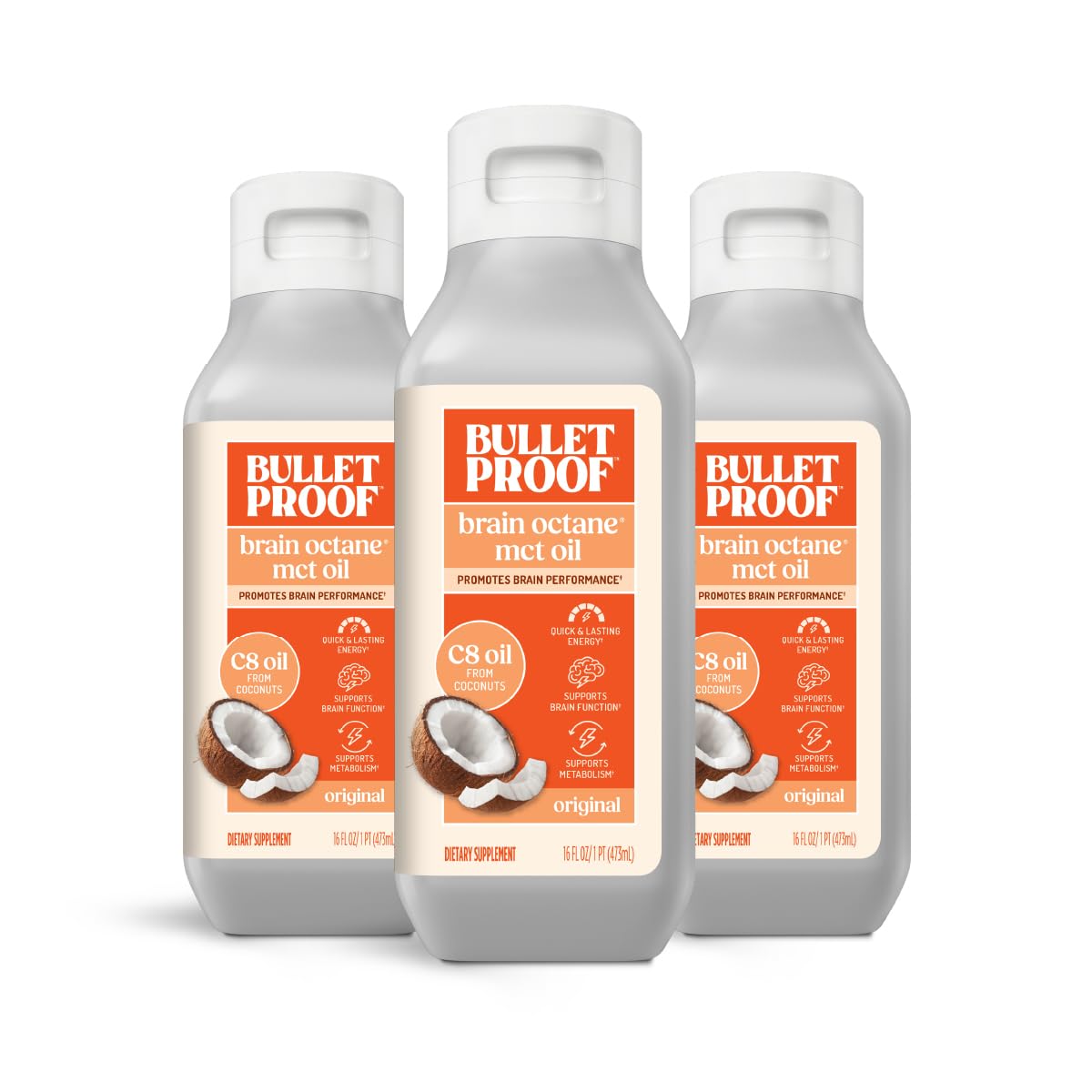 Front view of Bulletproof Brain Octane C8 MCT Oil Pack of 3 (16 oz each)