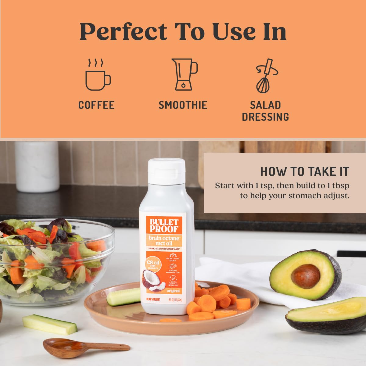 Bulletproof Brain Octane with coffee illustrating Bulletproof Coffee compatibility